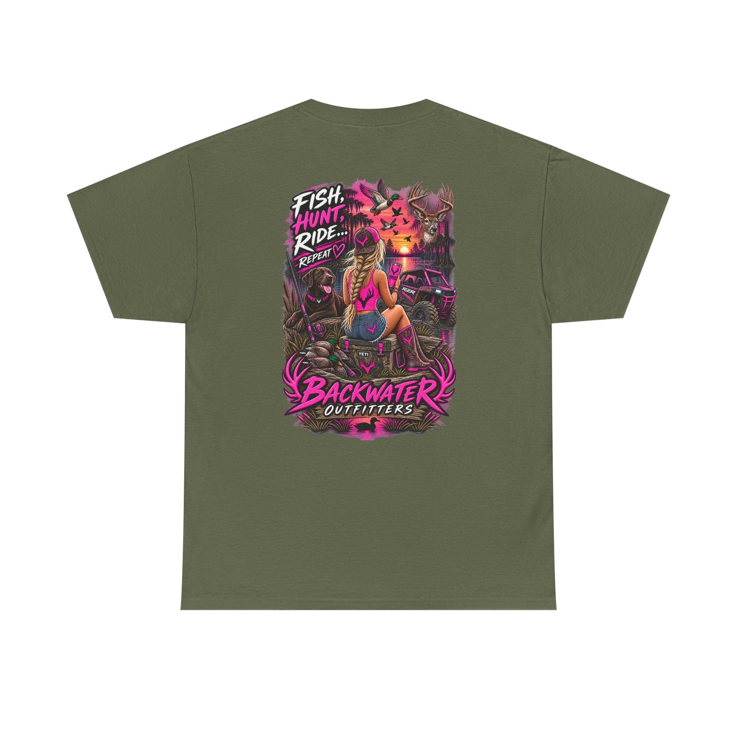 Backwater Outfitters Graphic Tee — "Fish Hunt Ride Repeat" Beach & Fishing Shirt