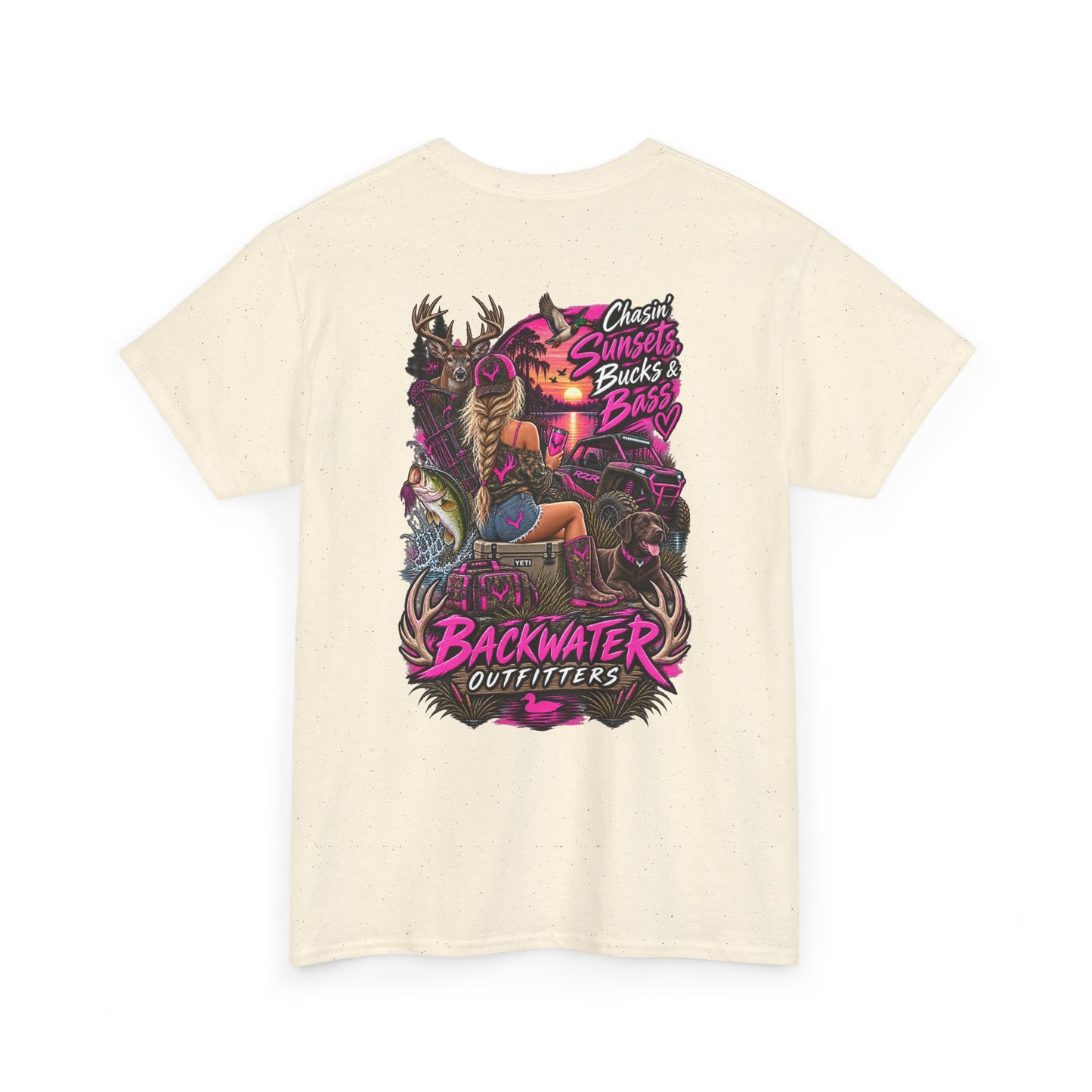 Backwater Outfitters Bass Fishing T‑Shirt — Sunset, Bucks & Bass Graphic Tee