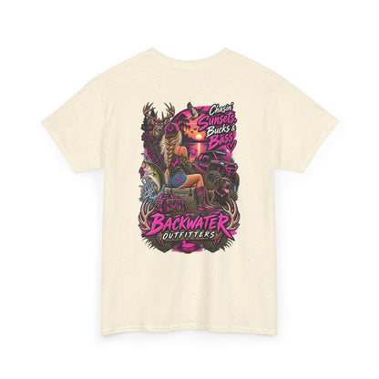 Backwater Outfitters Bass Fishing T‑Shirt — Sunset, Bucks & Bass Graphic Tee