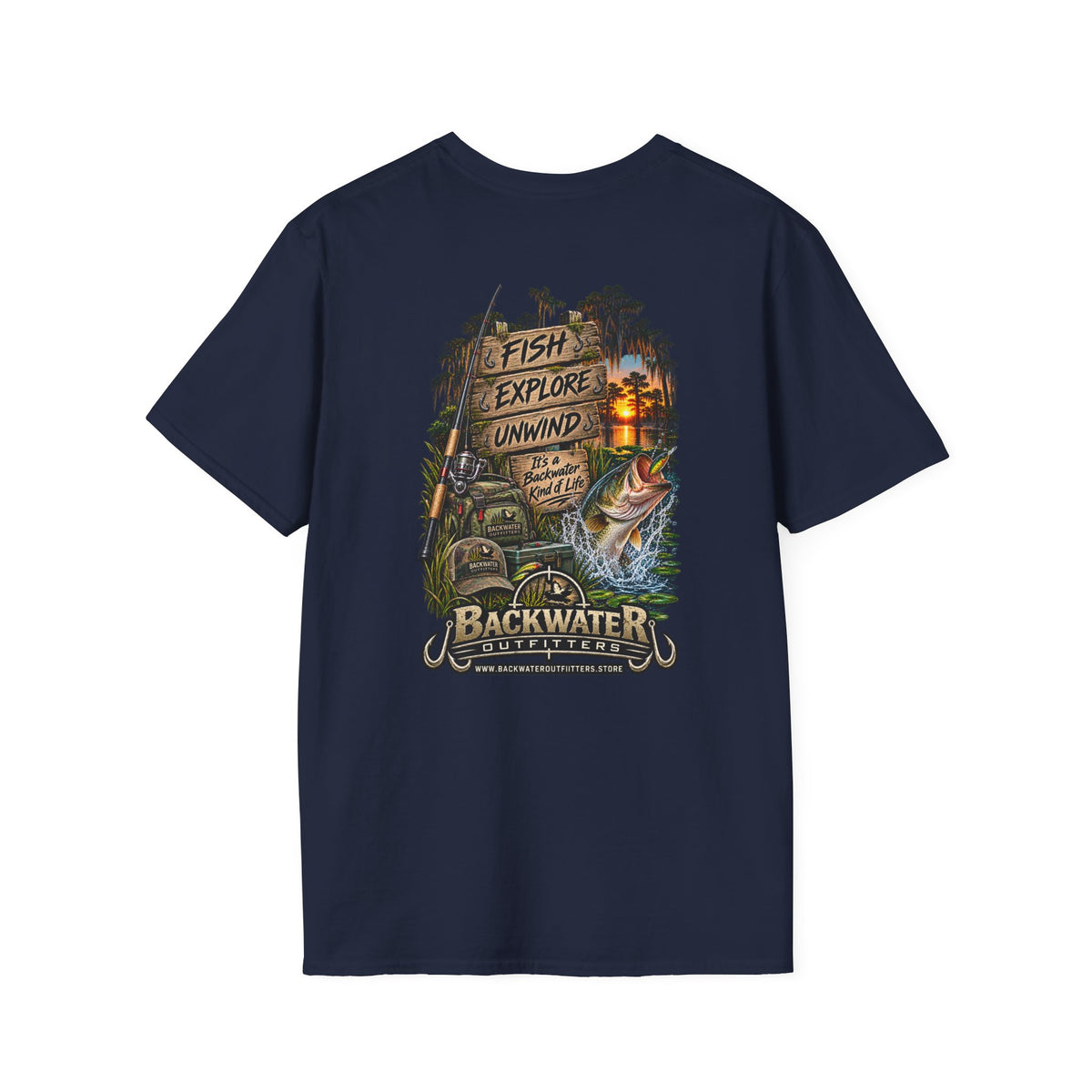 Backwater Fishing T-Shirt — "Fish Explore Unwind" Outdoor Angler Tee Printify