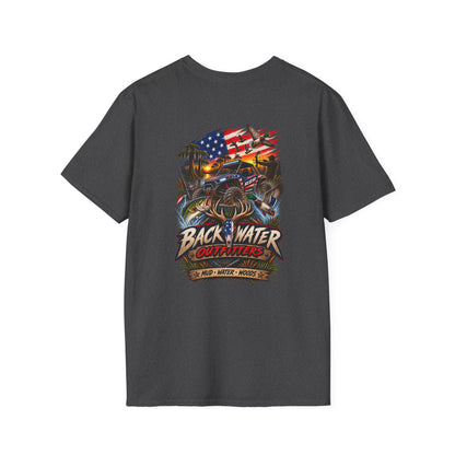 Backwater Bass Fishing T-Shirt — American Flag Boat Graphic Tee