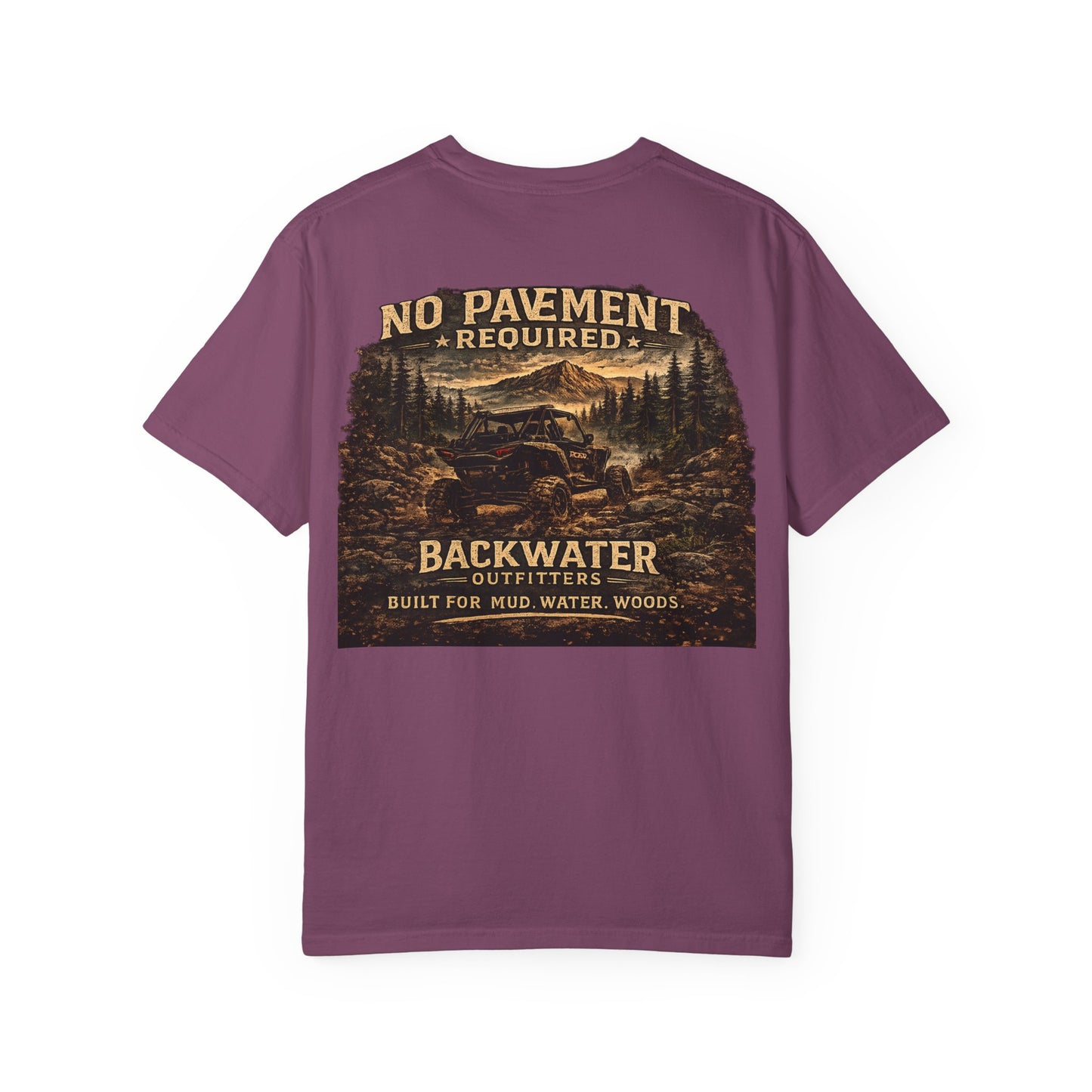 Backwater Outfitters T-Shirt — “No Pavement Required” Off-Road Adventure Tee