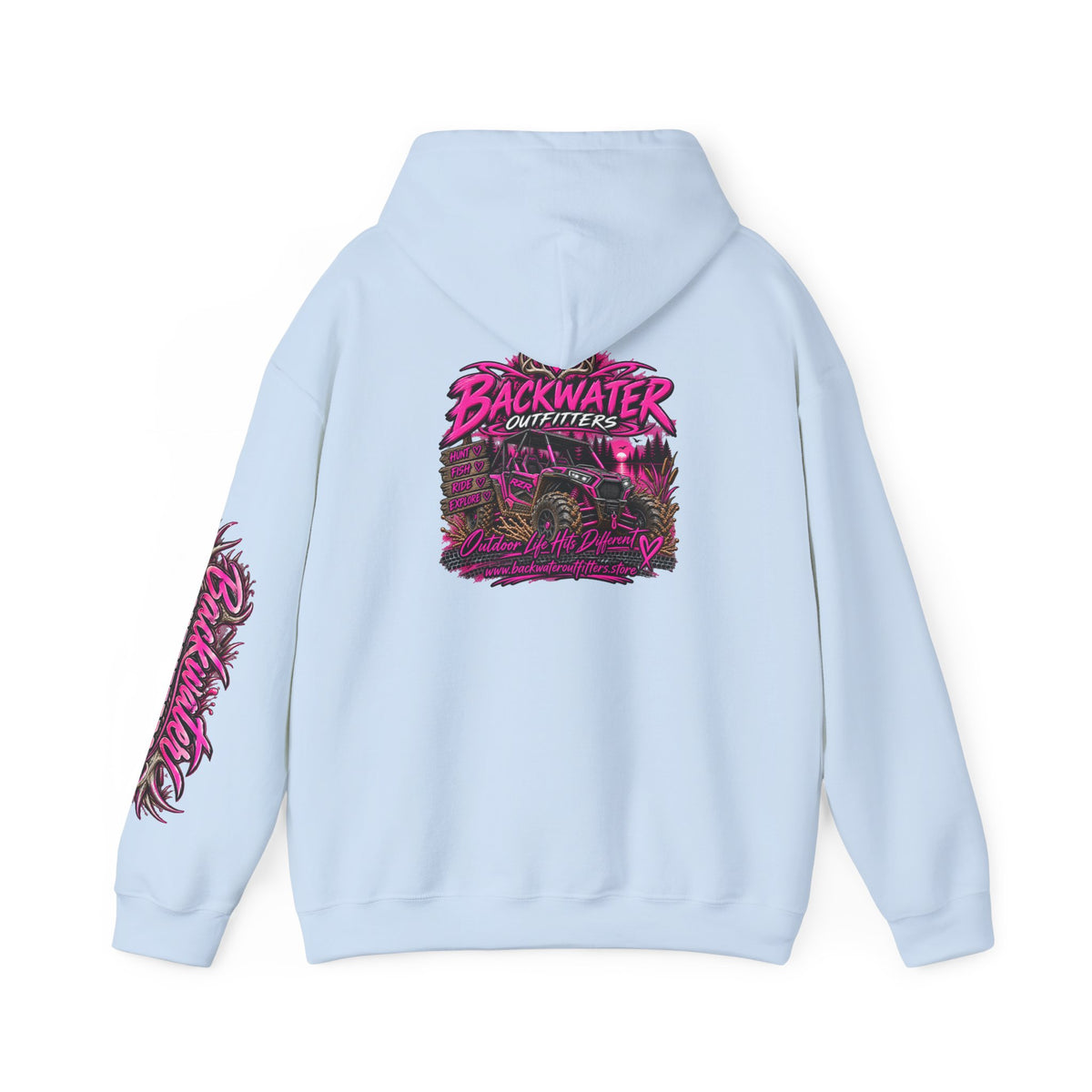 Girl Backwater Outfitters Hoodie — Retro Pink Outdoors Graphic Pullover Printify