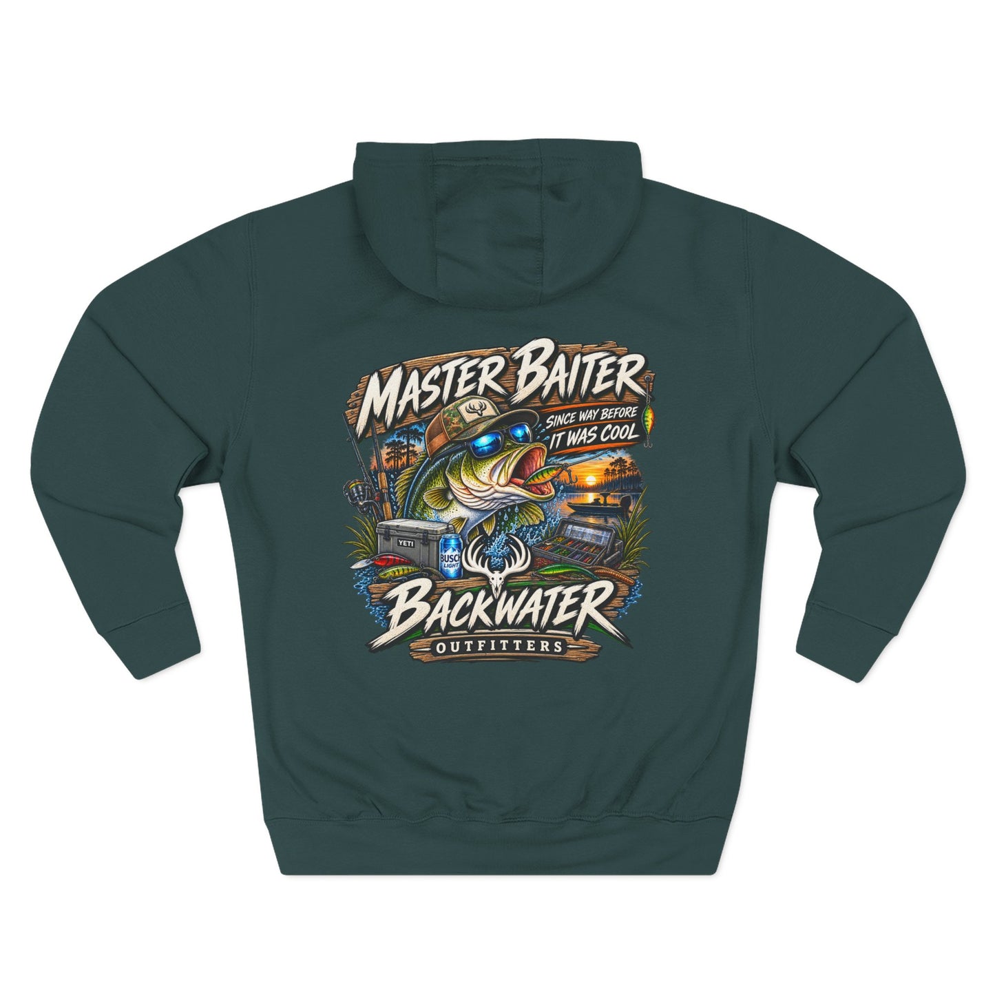 Backwater Outfitters Fishing Hoodie — "Master Baiter" Graphic Pullover