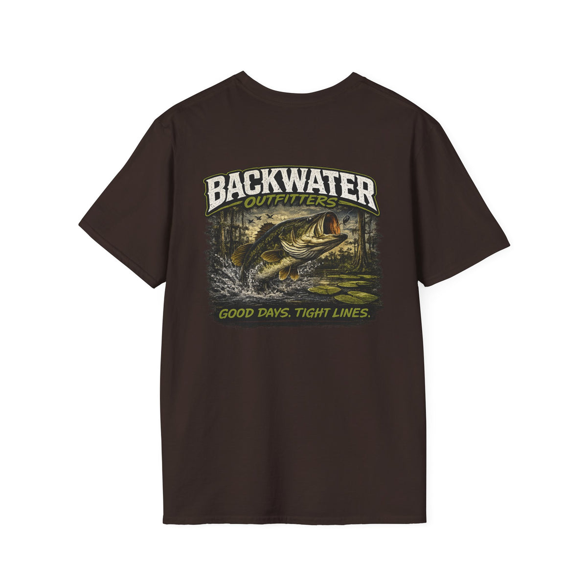 Backwater Outfitters Retro Bass Fishing Logo T-Shirt Printify