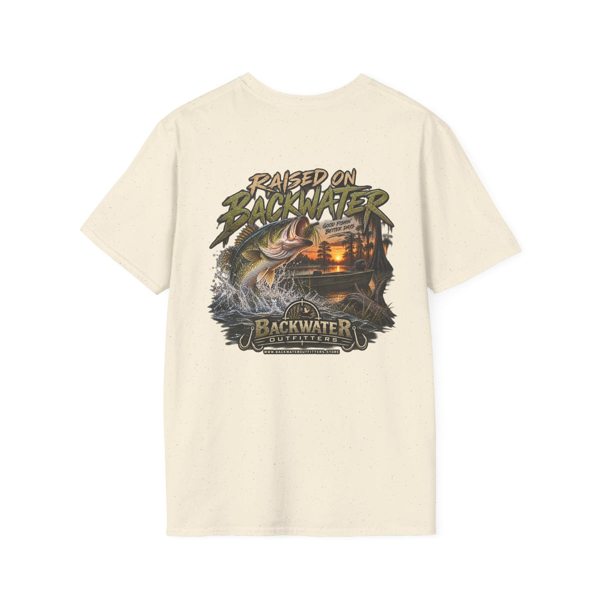 Backwater Outfitters Fishing T‑Shirt — "Raised on Backwater" Bass & Sunset Graphic Printify
