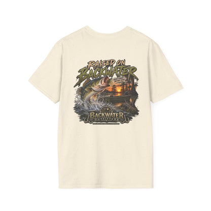 Backwater Outfitters Fishing T‑Shirt — "Raised on Backwater" Bass & Sunset Graphic Printify