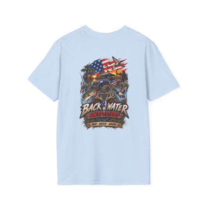 Backwater Bass Fishing T-Shirt — American Flag Boat Graphic Tee