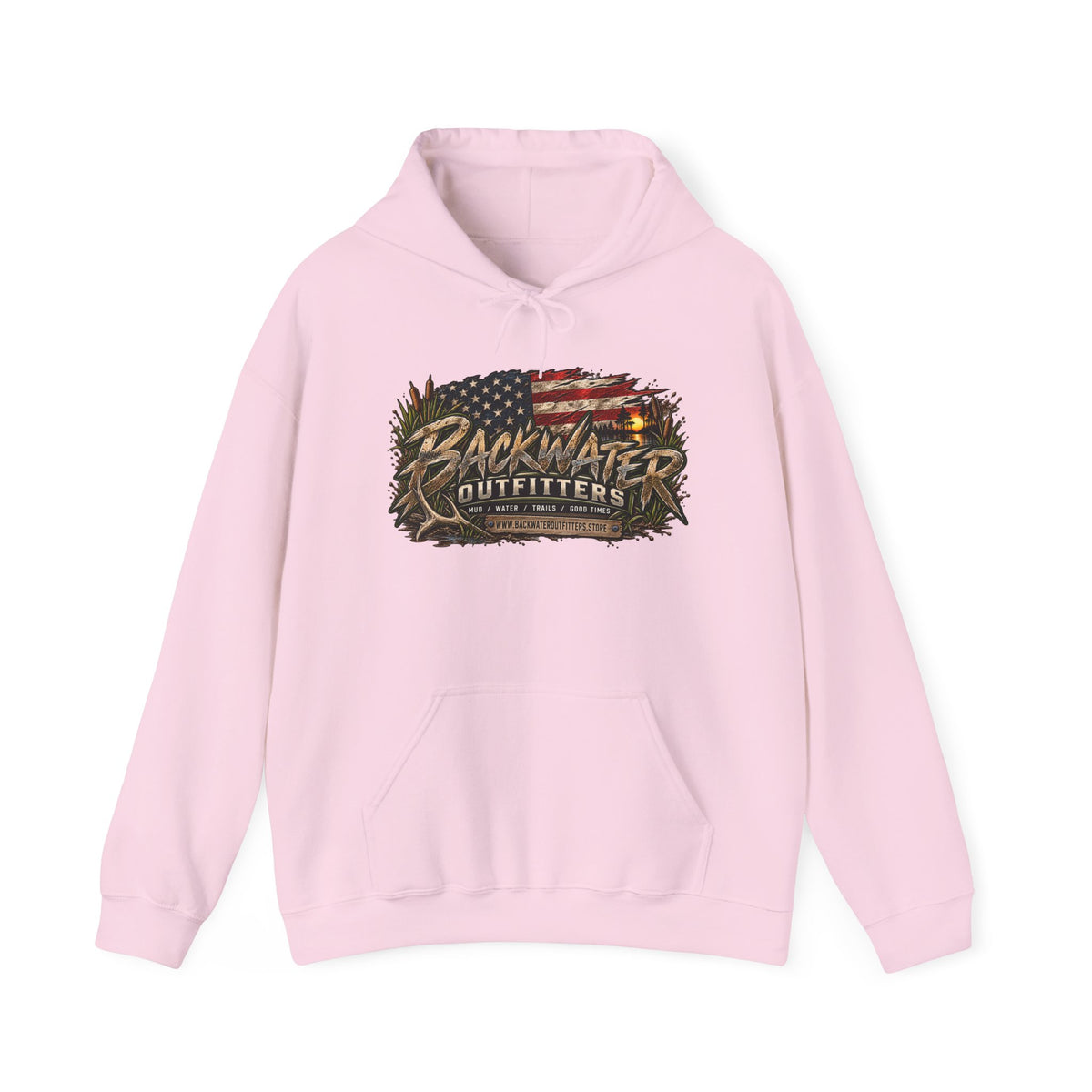 Backwater Outfitters Hoodie — American Flag Outdoor Fishing & Off-Road Pullover Printify