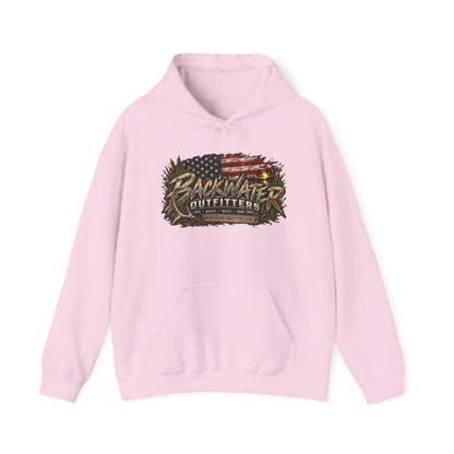 Backwater Outfitters Hoodie — American Flag Outdoor Fishing & Off-Road Pullover Printify