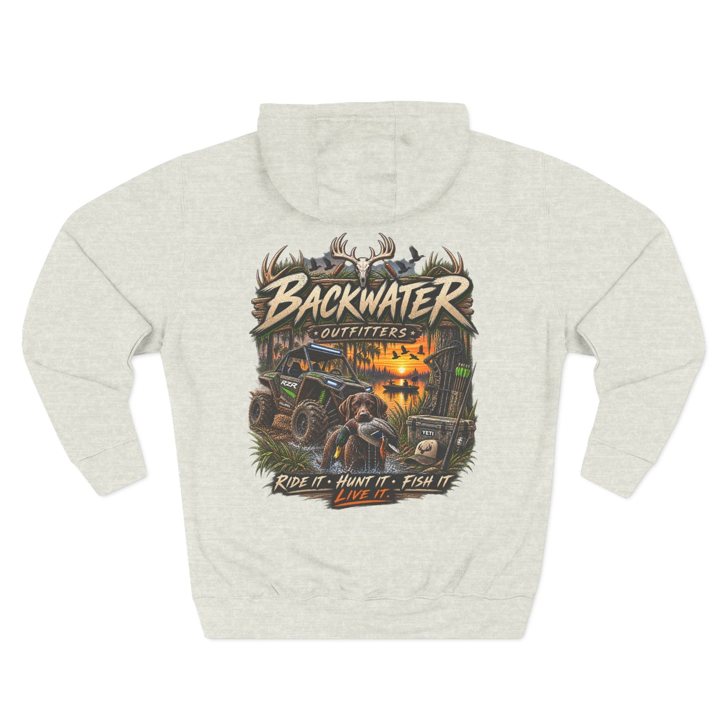 Backwater Outfitters Hoodie — Ride It, Hunt It, Fish It Graphic Pullover
