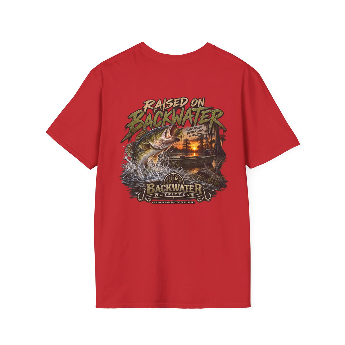 Backwater Outfitters Fishing T‑Shirt — "Raised on Backwater" Bass & Sunset Graphic Printify