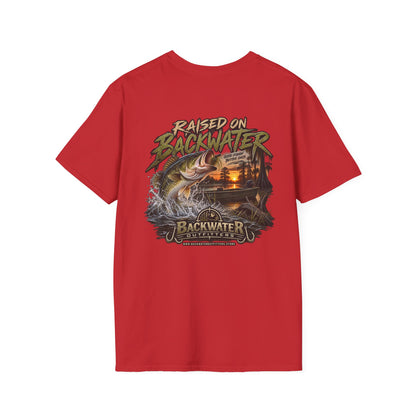 Backwater Outfitters Fishing T‑Shirt — "Raised on Backwater" Bass & Sunset Graphic Printify