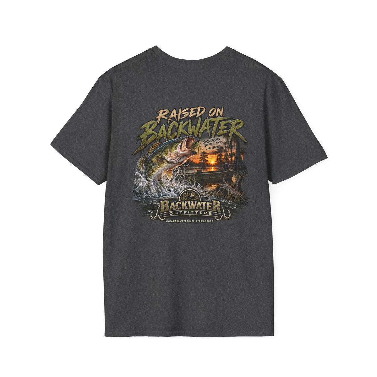 Backwater Outfitters Fishing T‑Shirt — "Raised on Backwater" Bass & Sunset Graphic Printify