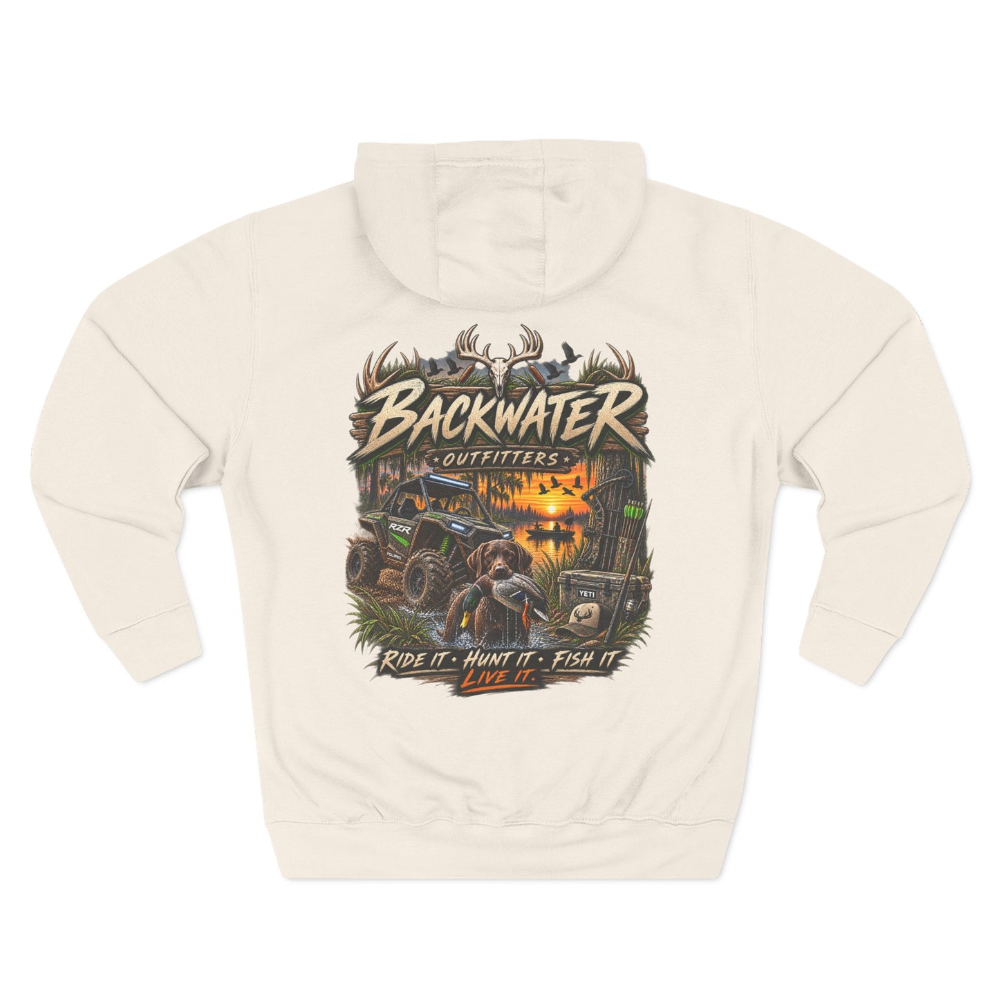 Backwater Outfitters Hoodie — 'Ride It • Hunt It • Fish It' Outdoor Pullover