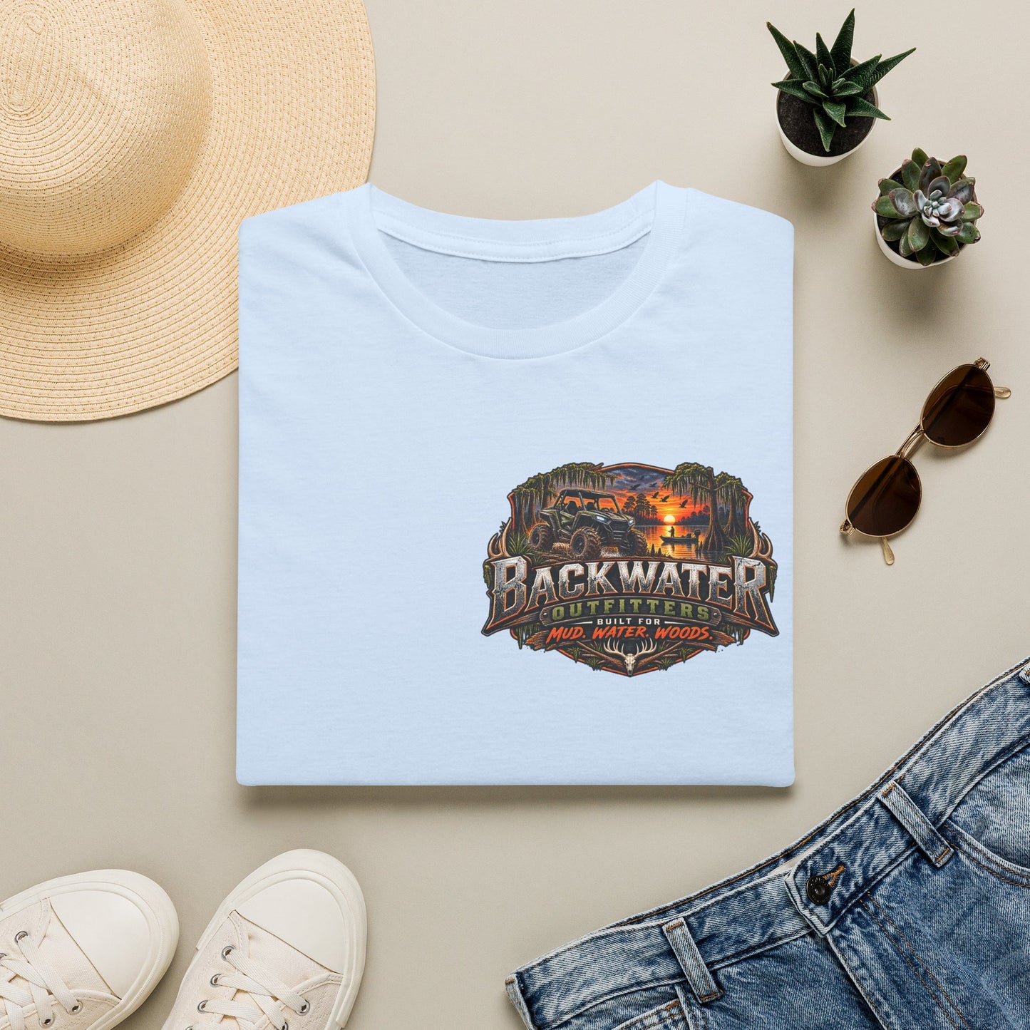 Backwater Outfitters Fishing T-Shirt — Rustic Boat & Campfire Graphic