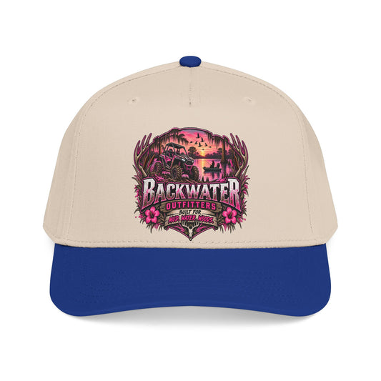 Backwater Outfitters Mid-Profile Baseball Cap — Sunset Swamp Logo Hat Printify