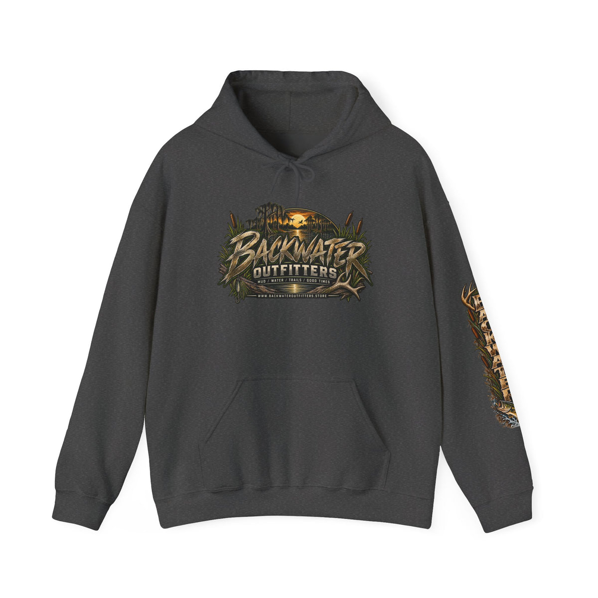 Simply Backwater Outfitters Hoodie — Outdoor Fishing Sunset Graphic Pullover Printify