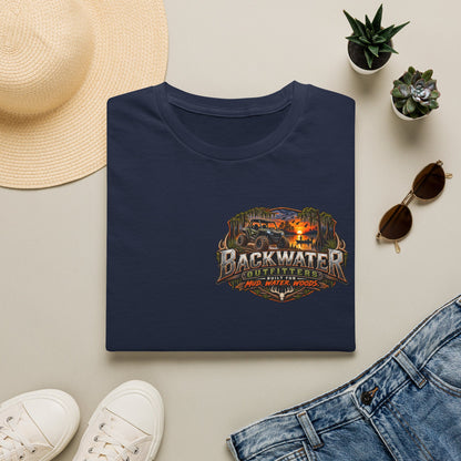 Backwater Outfitters Fishing T-Shirt — Rustic Boat & Campfire Graphic