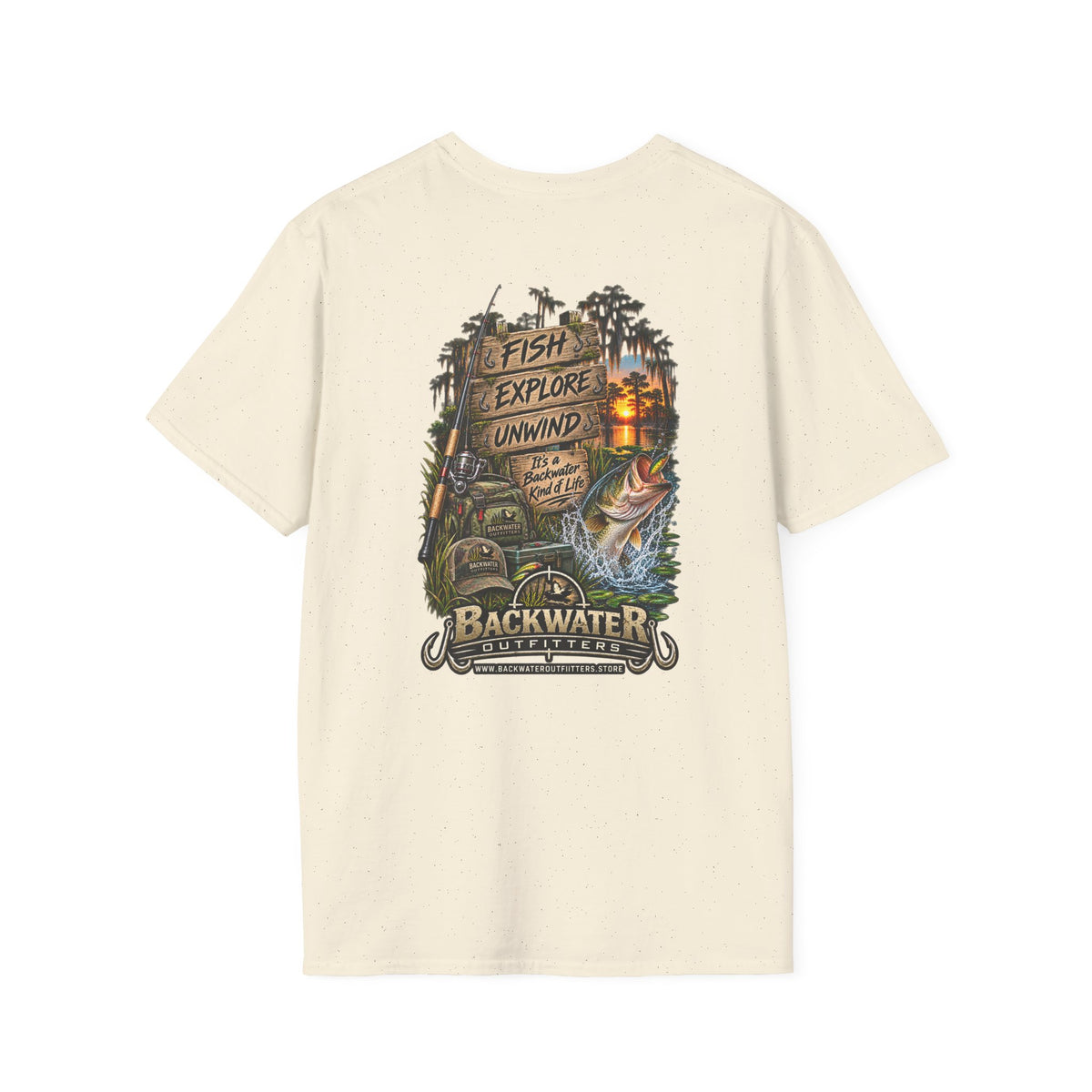 Backwater Fishing T-Shirt — "Fish Explore Unwind" Outdoor Angler Tee Printify