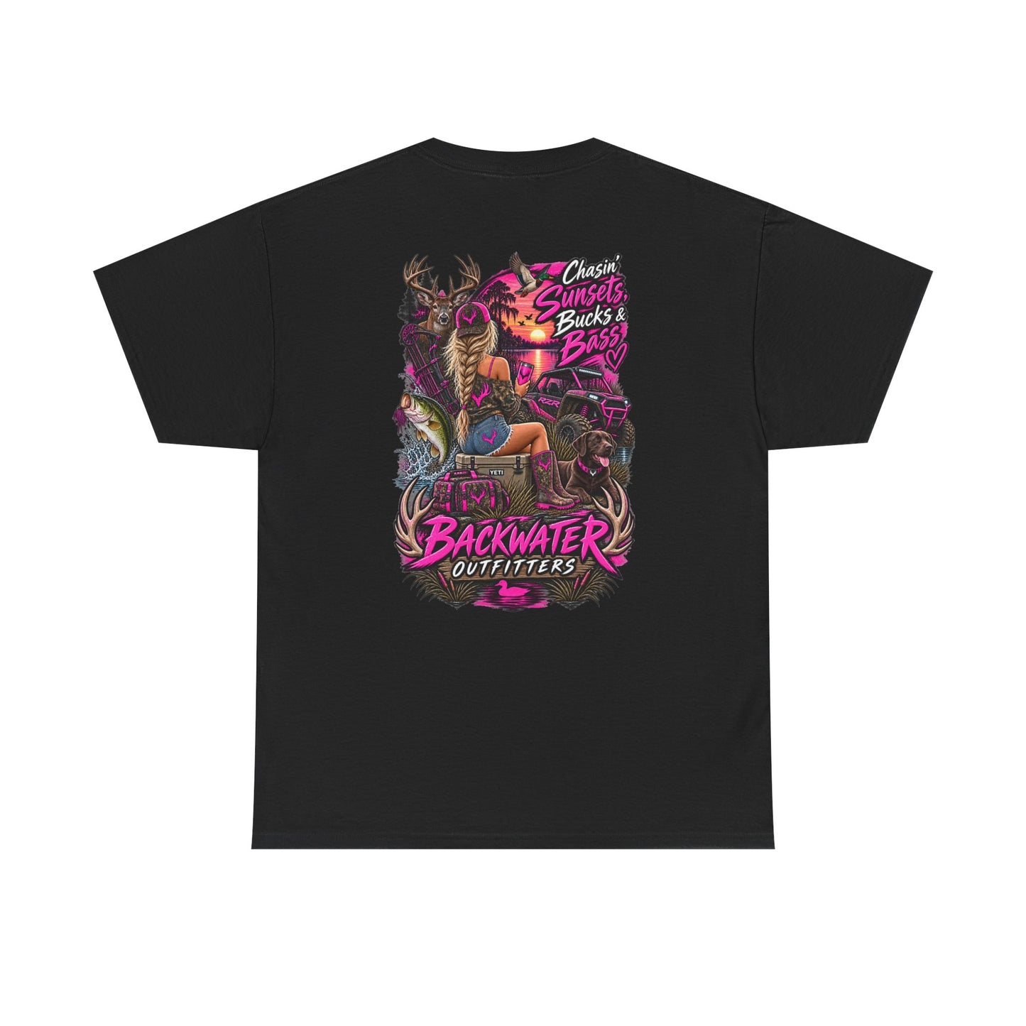 Backwater Outfitters Bass Fishing T‑Shirt — Sunset, Bucks & Bass Graphic Tee