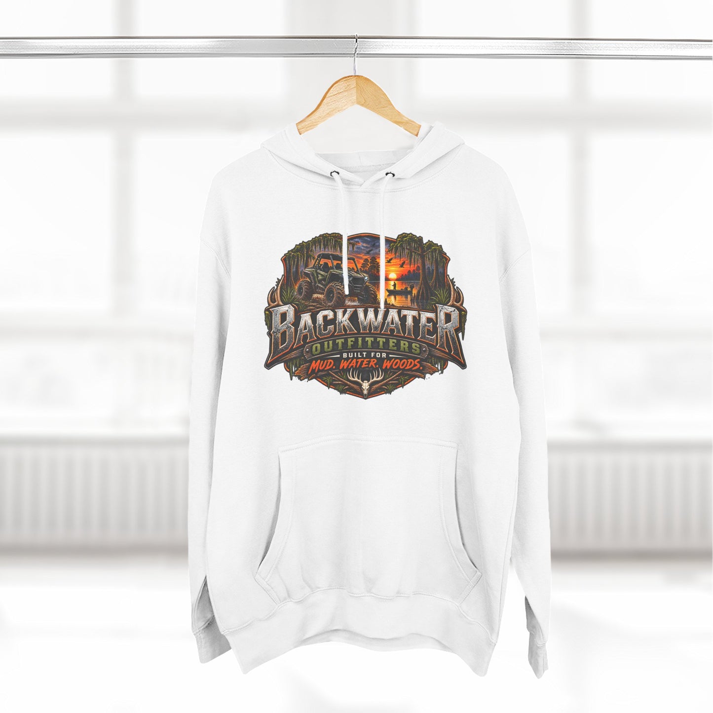 Backwater Outfitters Hoodie — "Hunt Fish Ride Repeat" Outdoor Graphic Pullover
