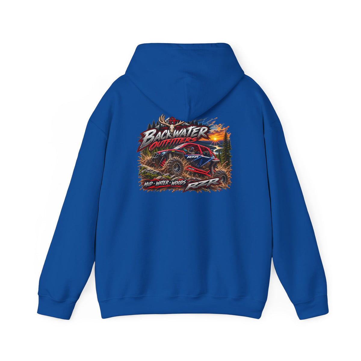 Backwater Outfitters Hoodie — American Flag Outdoor Fishing & Off-Road Pullover Printify