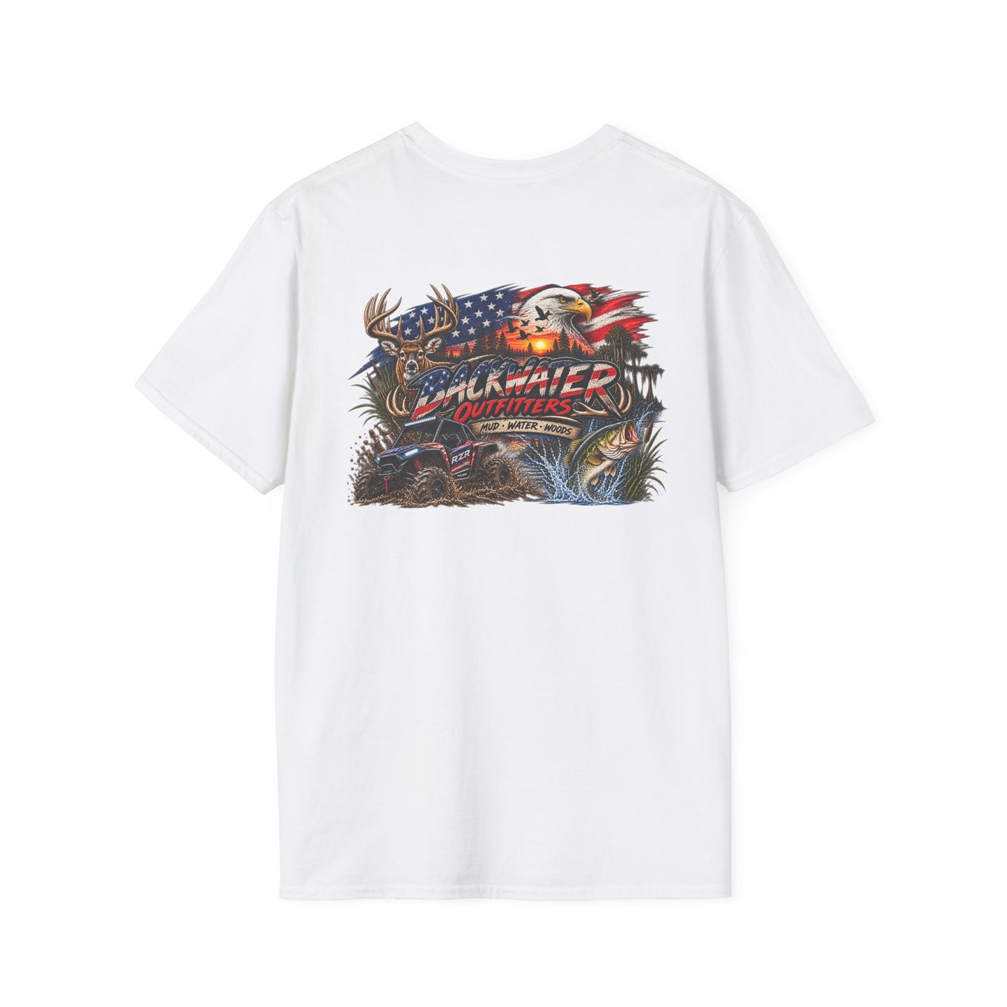Backwater Outfitters Fishing T-Shirt — American Flag Bass Graphic