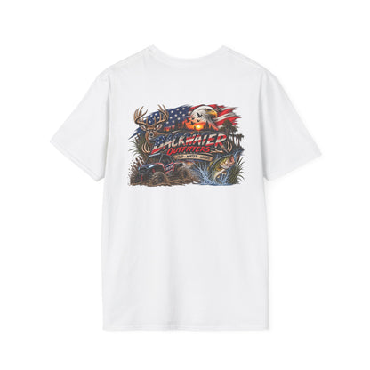 Backwater Outfitters Fishing T-Shirt — American Flag Bass Graphic
