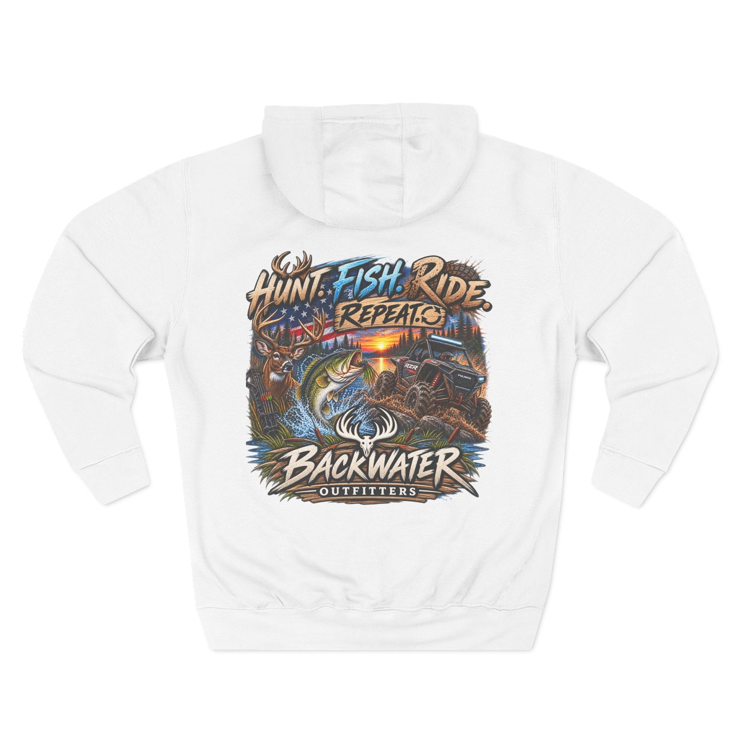 Backwater Outfitters Hoodie — "Hunt Fish Ride Repeat" Outdoor Graphic Pullover