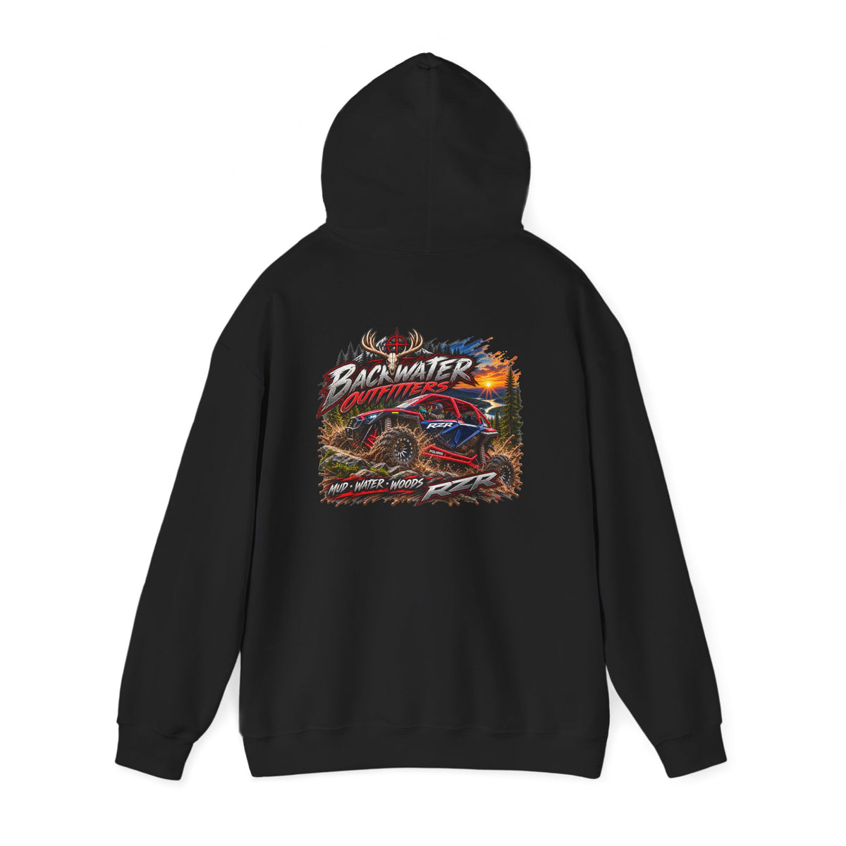 Backwater Outfitters Hoodie — American Flag Outdoor Fishing & Off-Road Pullover Printify