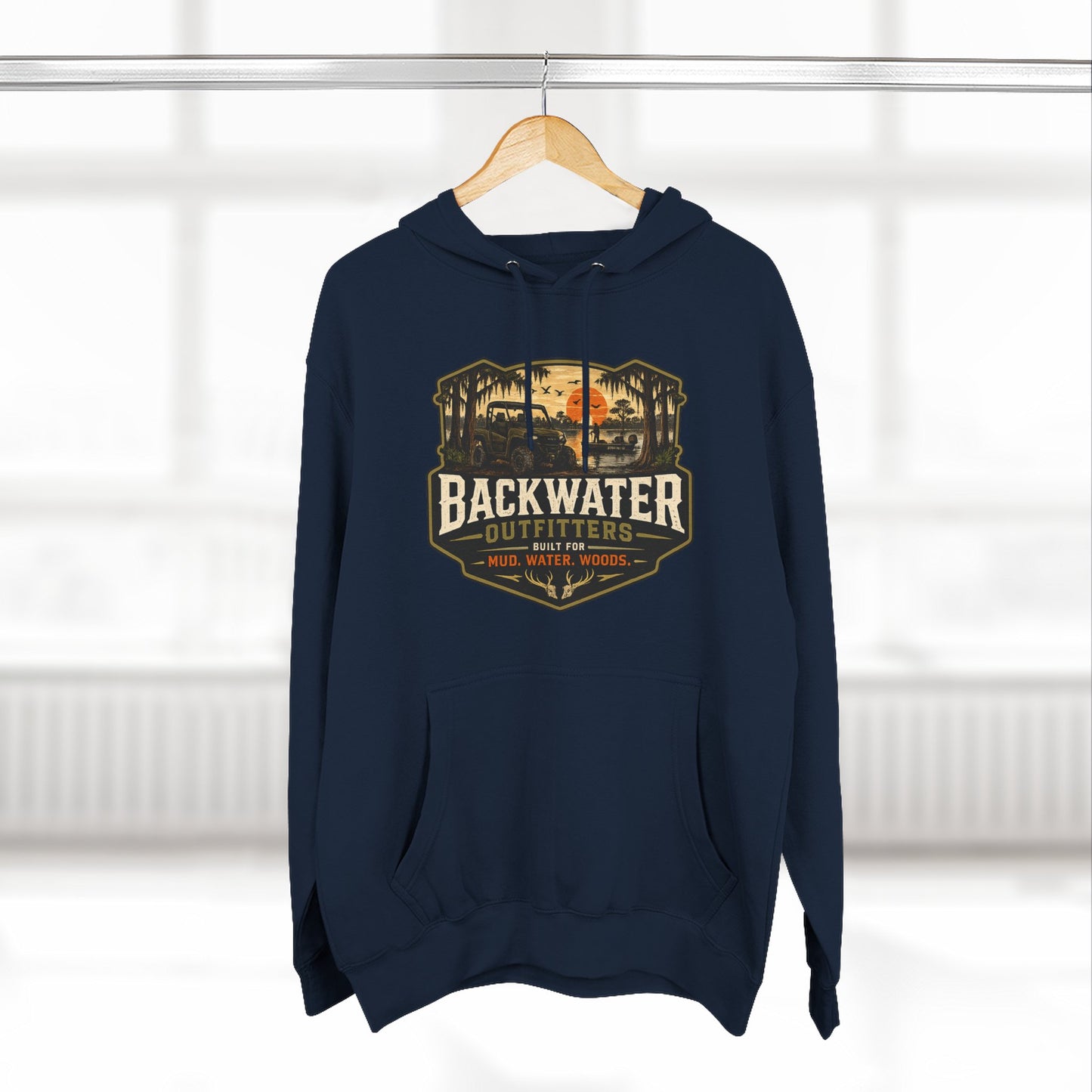 Backwater Outfitters Fishing Hoodie — “My Retirement Plan Has a Trolling Motor” Graphic