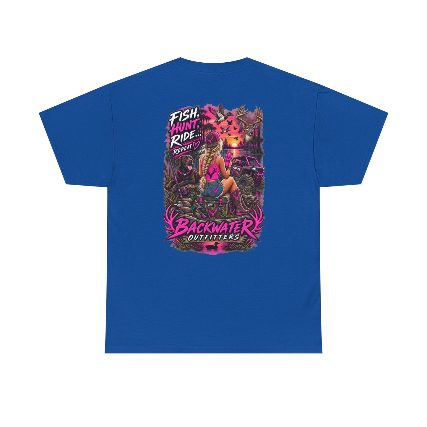 Backwater Outfitters Graphic Tee — "Fish Hunt Ride Repeat" Beach & Fishing Shirt