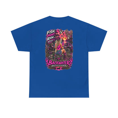 Backwater Outfitters Graphic Tee — "Fish Hunt Ride Repeat" Beach & Fishing Shirt