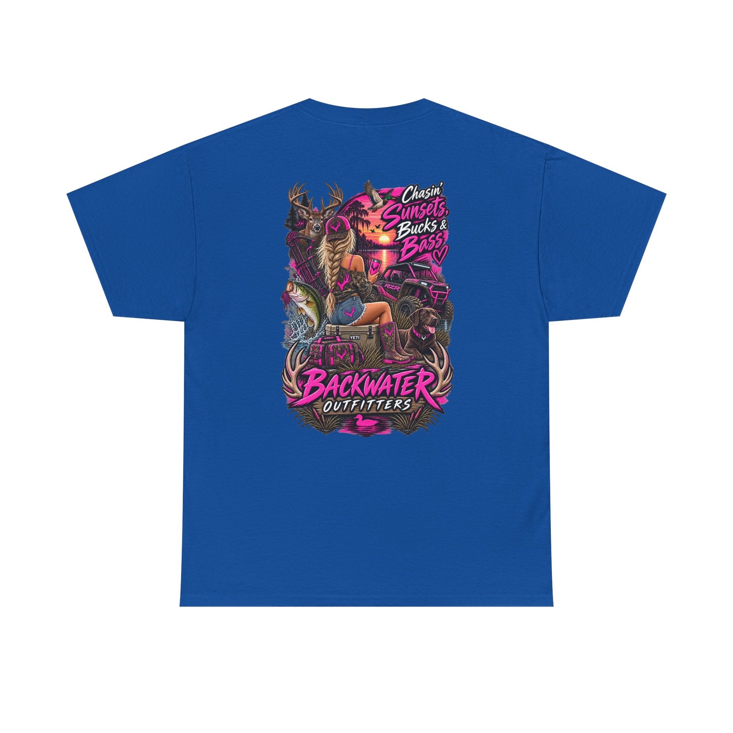 Backwater Outfitters Bass Fishing T‑Shirt — Sunset, Bucks & Bass Graphic Tee