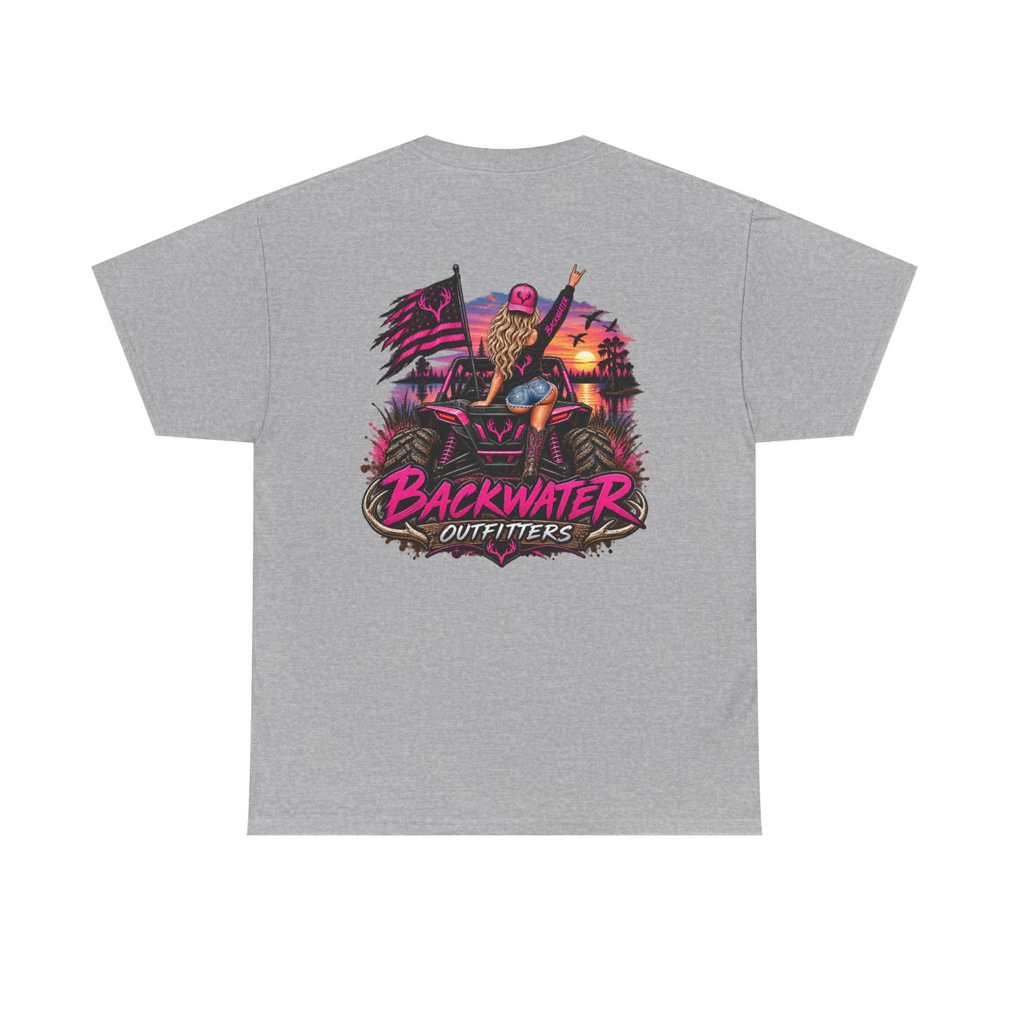 Backwater Outfitters Graphic Tee — Retro Sunset Fishing ATV Shirt