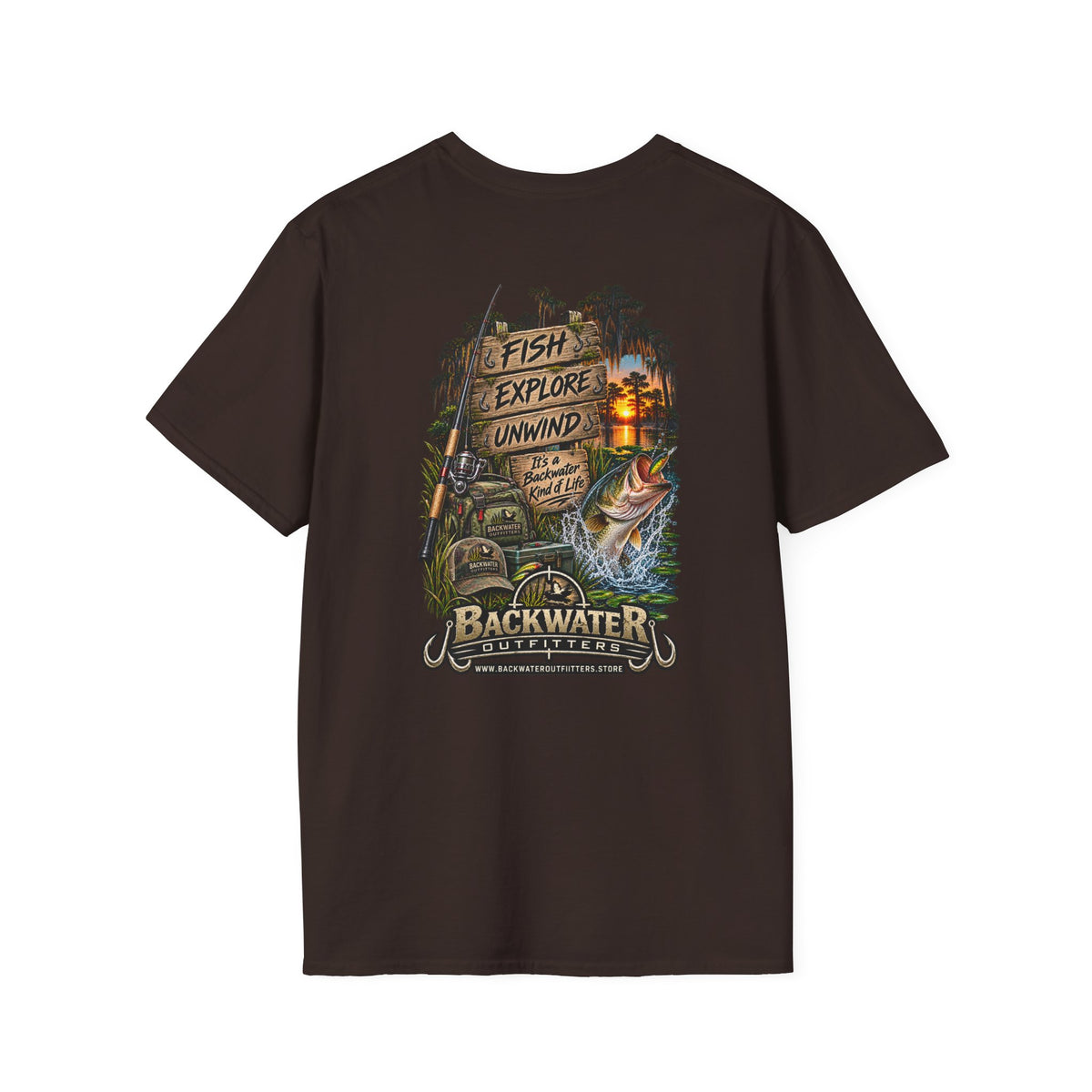 Backwater Fishing T-Shirt — "Fish Explore Unwind" Outdoor Angler Tee Printify