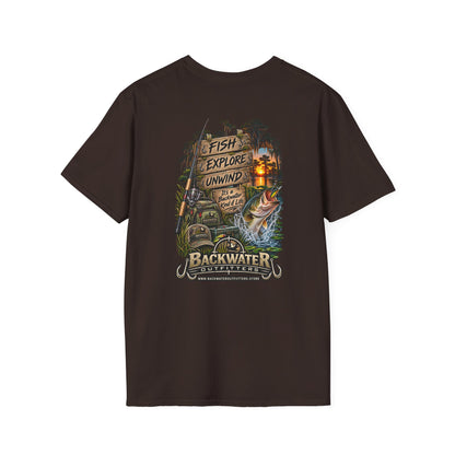 Backwater Fishing T-Shirt — "Fish Explore Unwind" Outdoor Angler Tee Printify
