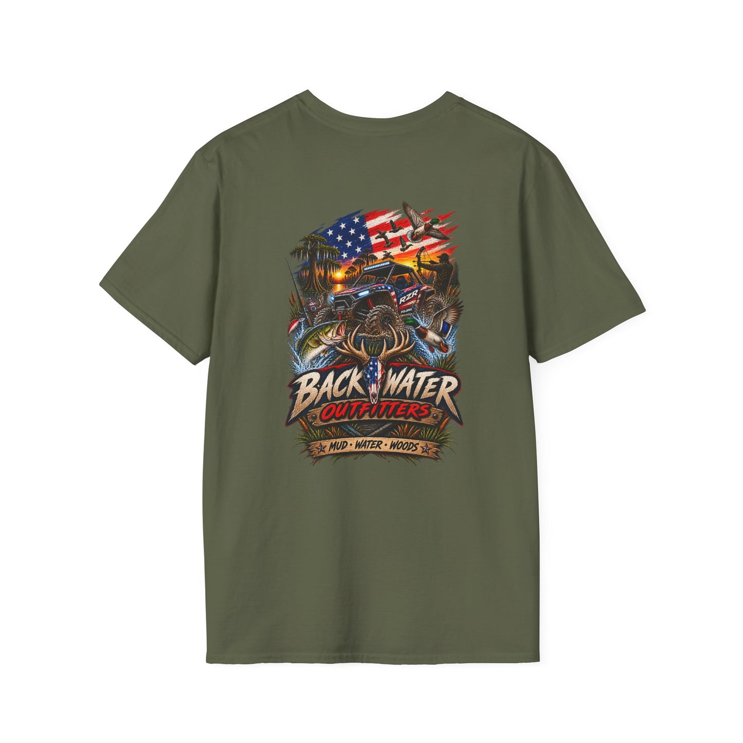 Backwater Bass Fishing T-Shirt — American Flag Boat Graphic Tee