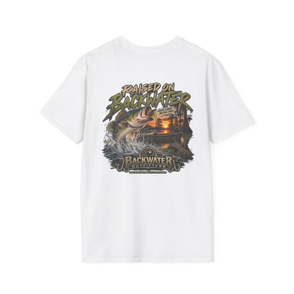 Backwater Outfitters Fishing T‑Shirt — "Raised on Backwater" Bass & Sunset Graphic Printify