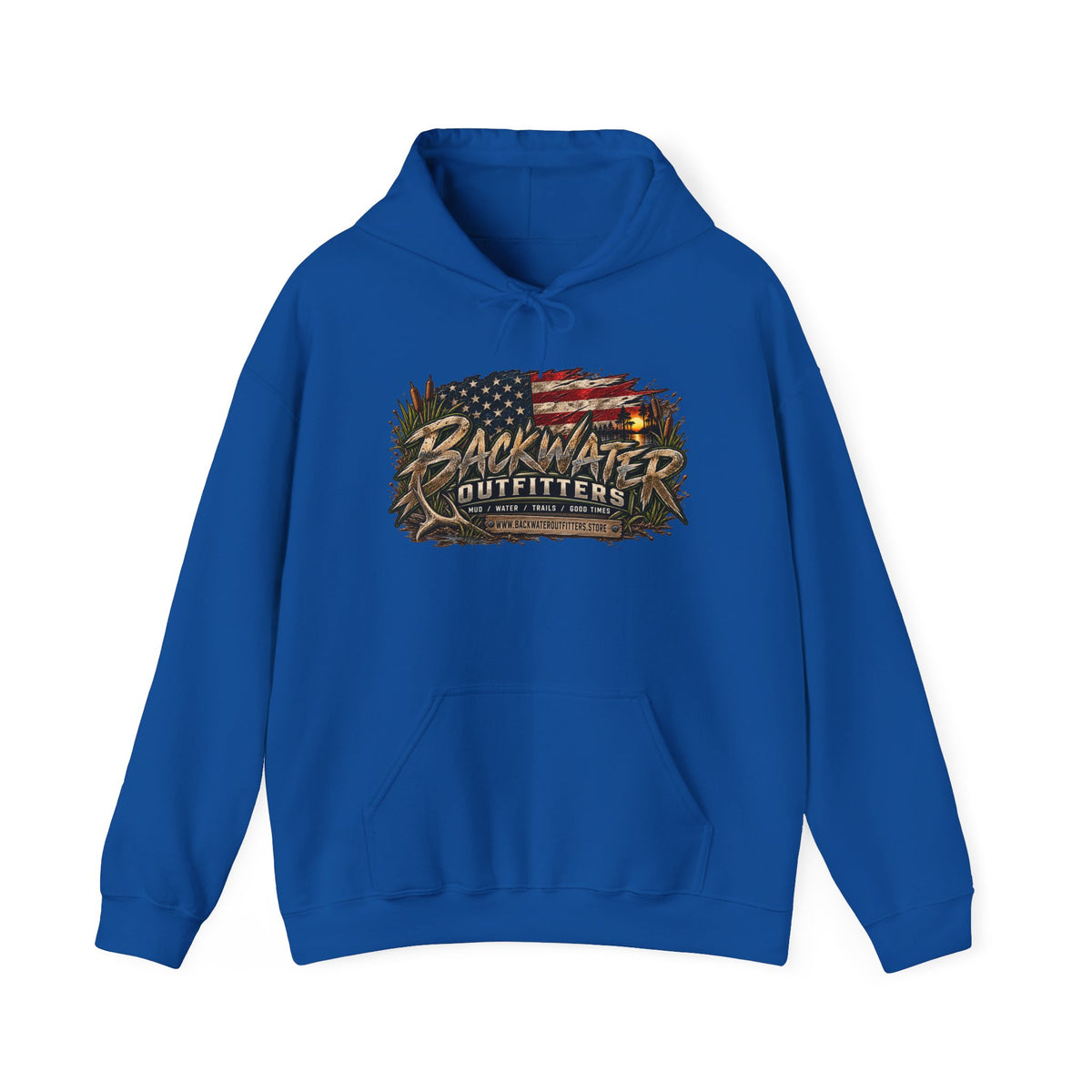 Backwater Outfitters Hoodie — American Flag Outdoor Fishing & Off-Road Pullover Printify