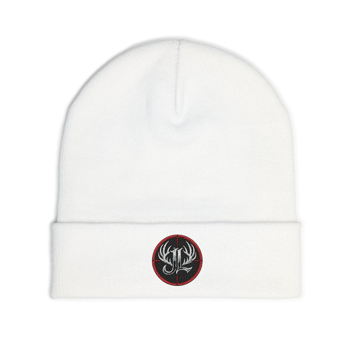 James Luker Embroidered Skull Antlers Knit Beanie — Winter Hat with Gothic Logo Printify