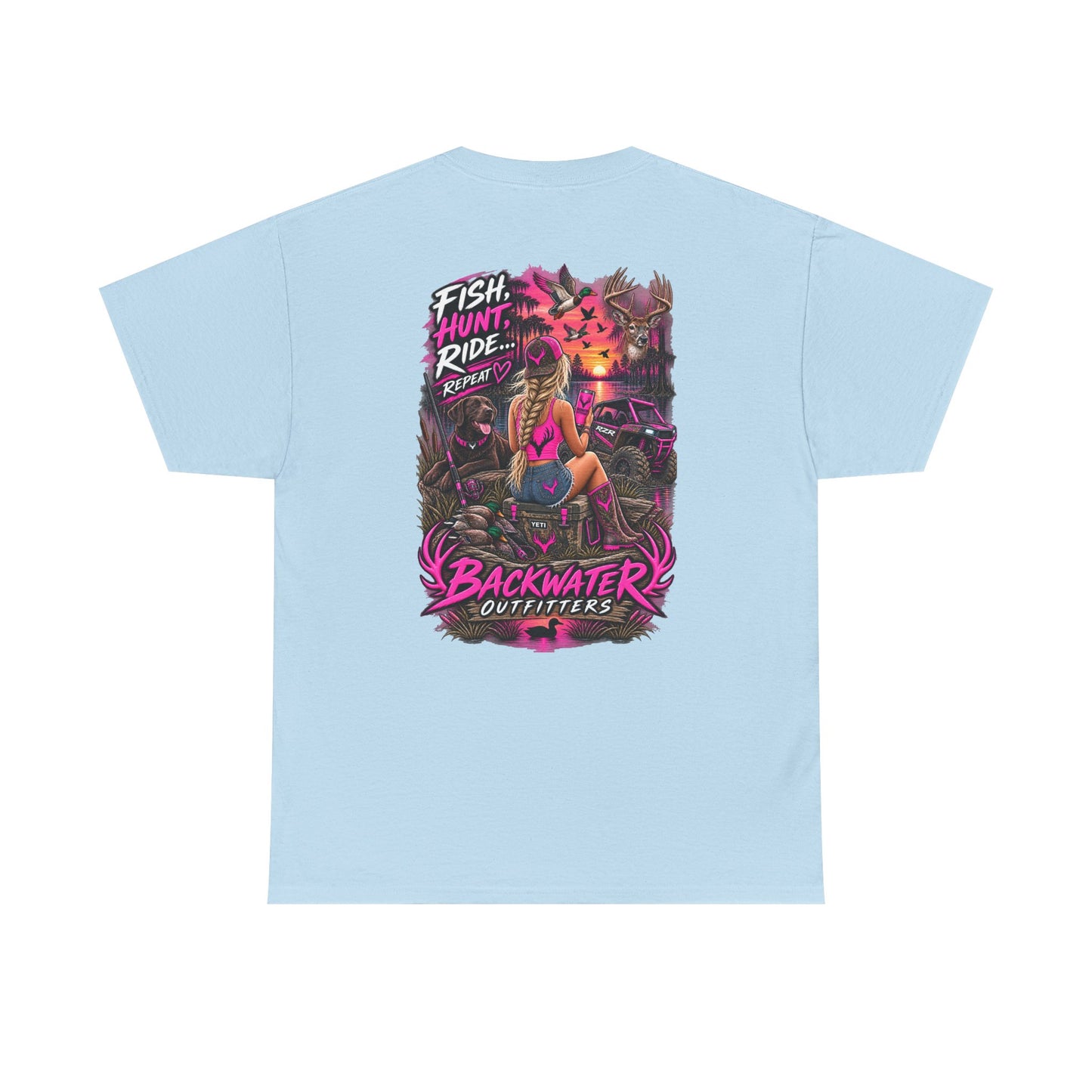 Backwater Outfitters Graphic Tee — "Fish Hunt Ride Repeat" Beach & Fishing Shirt
