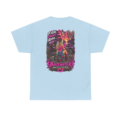 Backwater Outfitters Graphic Tee — "Fish Hunt Ride Repeat" Beach & Fishing Shirt