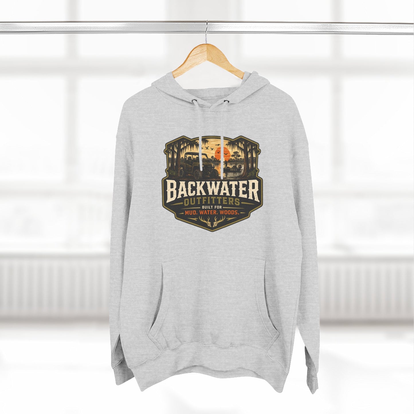 Backwater Outfitters Fishing Hoodie — “My Retirement Plan Has a Trolling Motor” Graphic