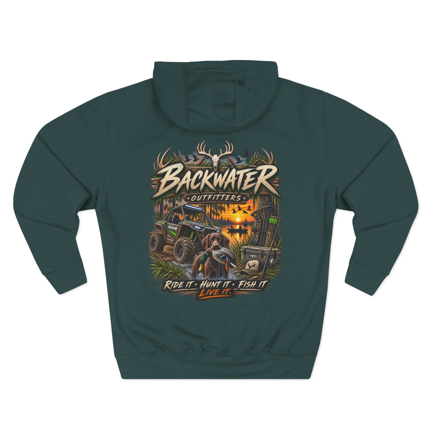 Backwater Outfitters Hoodie — 'Ride It • Hunt It • Fish It' Outdoor Pullover