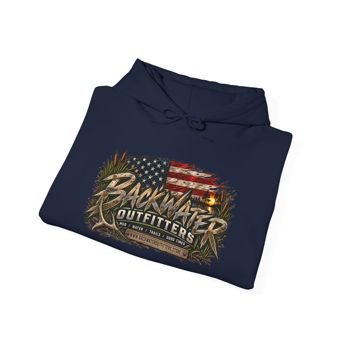 Backwater Outfitters Hoodie — American Flag Outdoor Fishing & Off-Road Pullover Printify