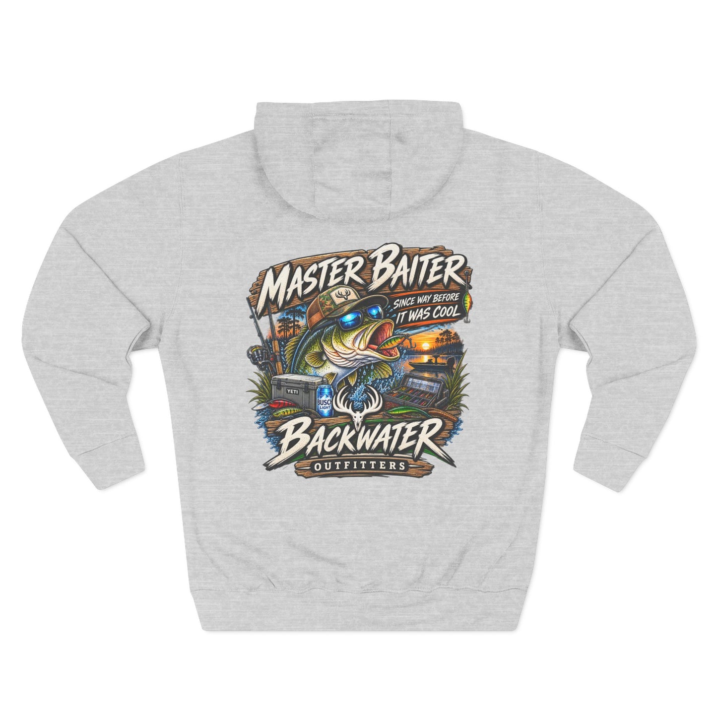 Backwater Outfitters Fishing Hoodie — "Master Baiter" Graphic Pullover