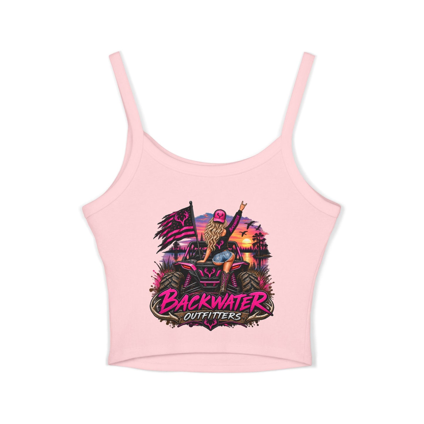 Backwater Outfitters Women's Crop Tank Top – Retro Sunset Fishing Graphic