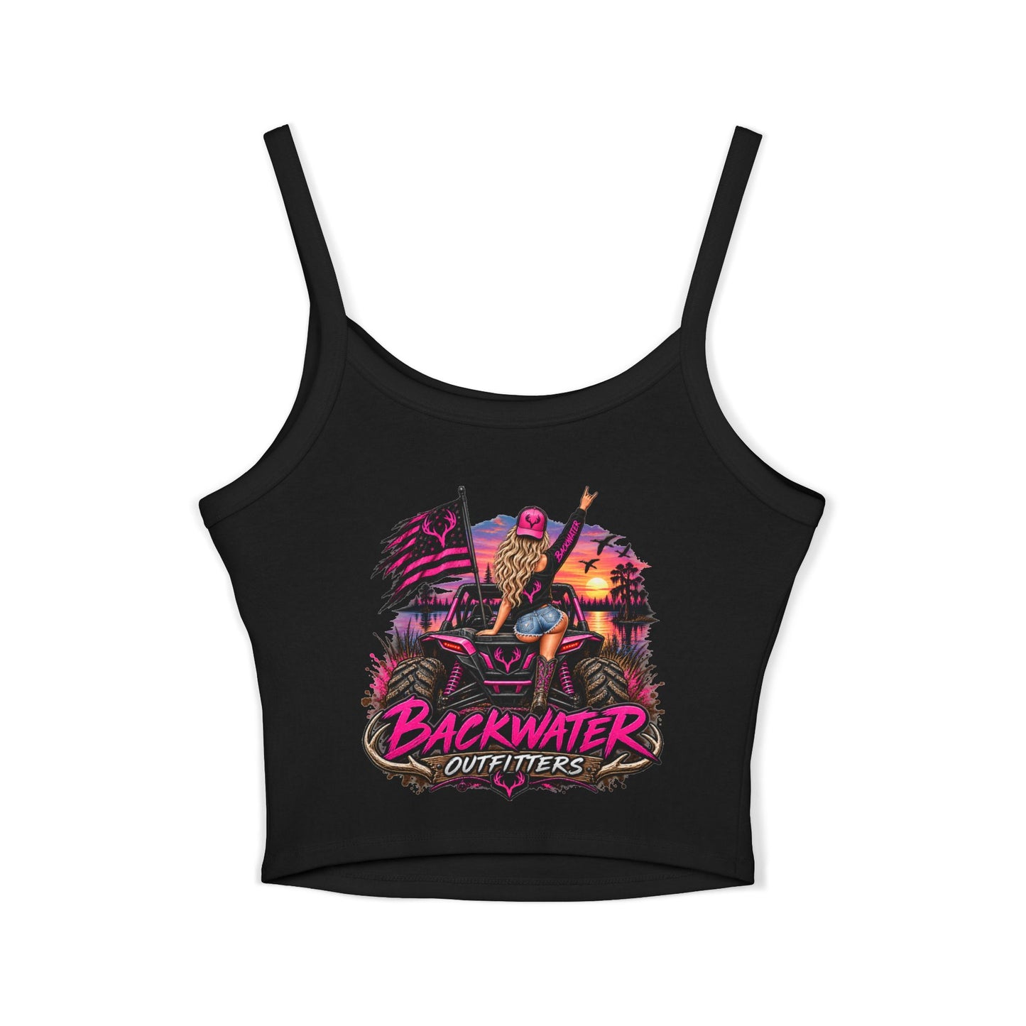 Backwater Outfitters Women's Crop Tank Top – Retro Sunset Fishing Graphic